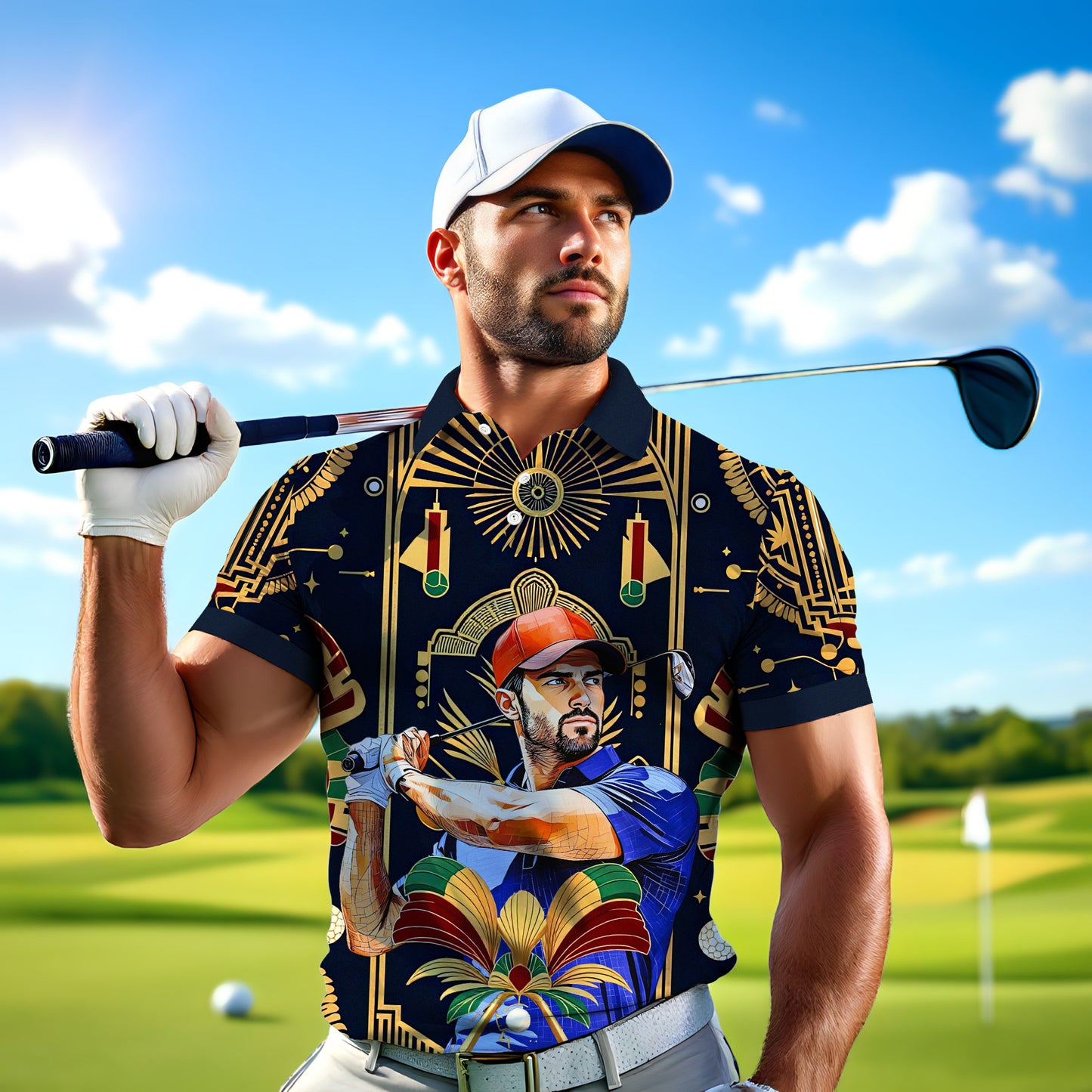 Custom Face Golf Polo Shirt – Swing in Gold Art Deco Revival Style | Personalized Golf Shirt for Men Style 10