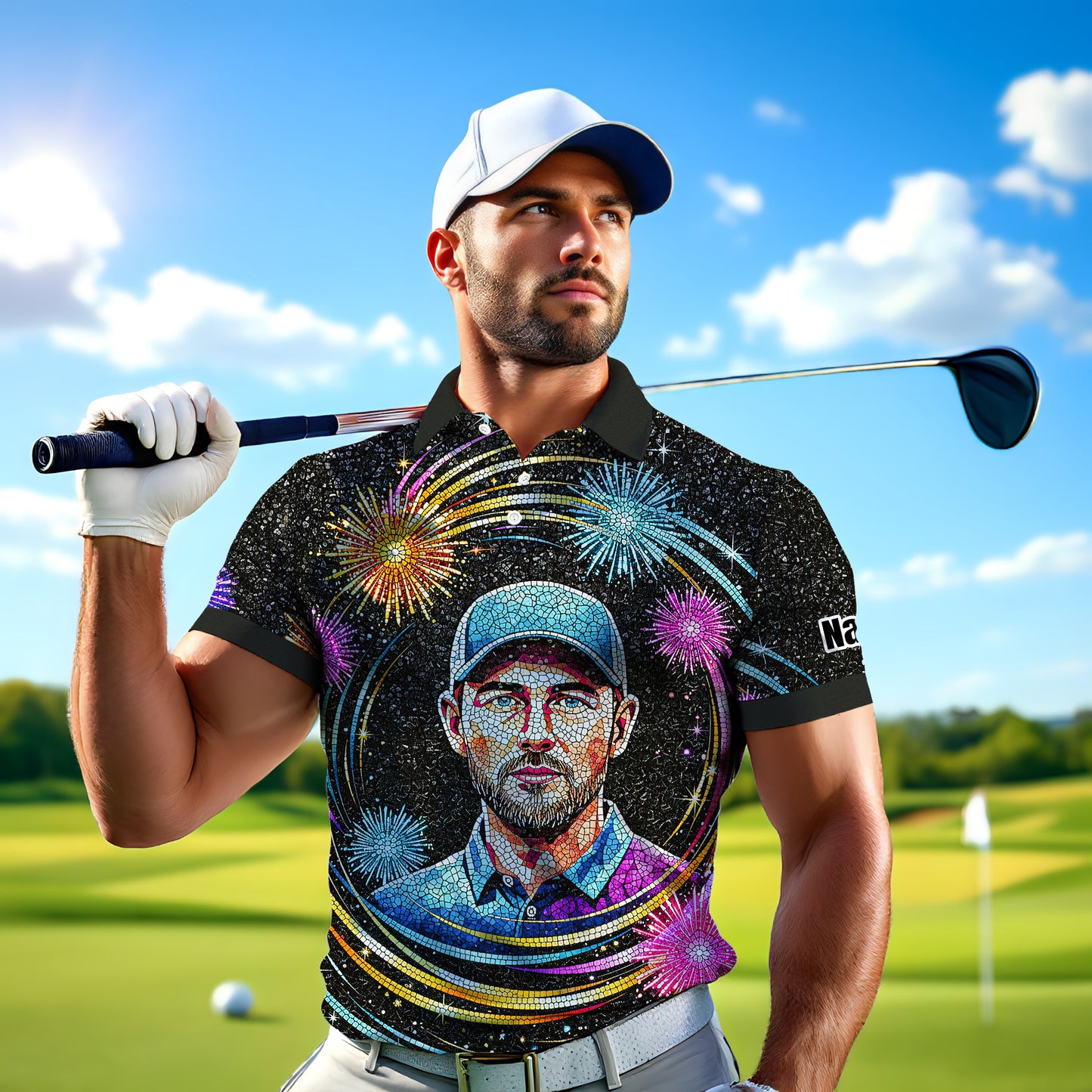 Custom Face Golf Polo Shirt – New Year Fireworks Edition | Personalized Golf Polo | Unique Holiday Gift for Him 2025 Style 5