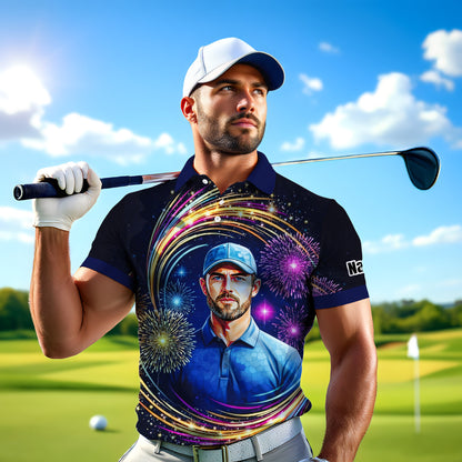 Custom Face Golf Polo Shirt – New Year Fireworks Edition | Personalized Golf Polo | Unique Holiday Gift for Him 2025 Style 1