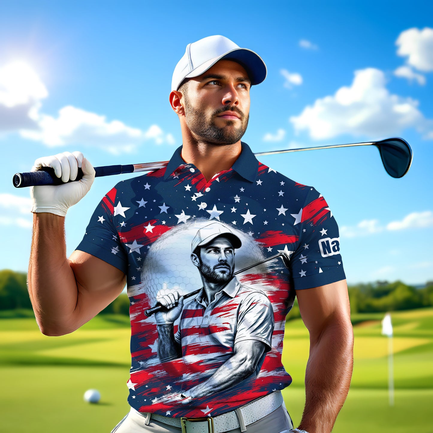 HomyGifts Men's Customized Face Artistic Golf Polo Shirt, Personalized American Flag Design, Unique Gift for Patriotic Golfers Style 22