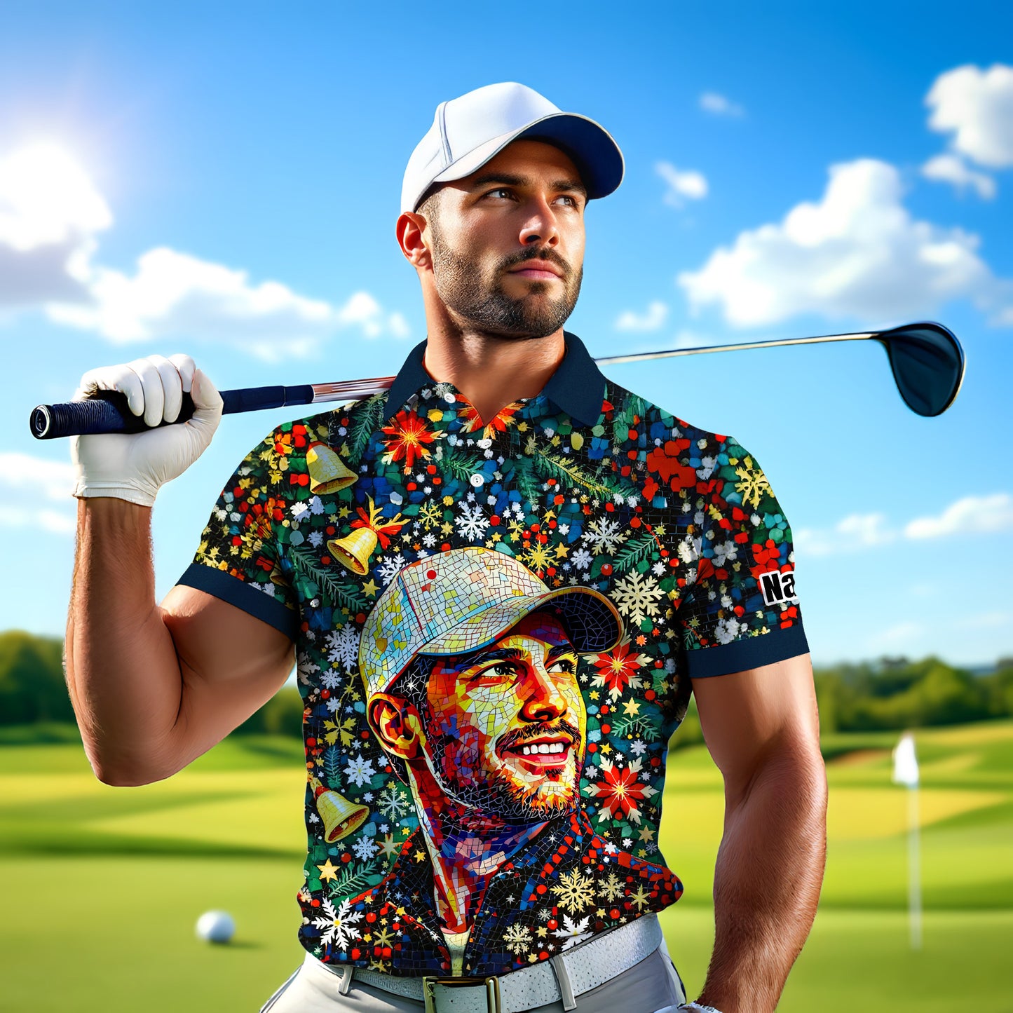 Personalized Christmas Golf Polo Shirt with Your Face – Custom Photo Holiday Shirt – Unique Mosaic Art Xmas Gift for Men, Custom Golf Apparel Style 10