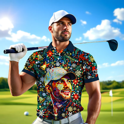 Personalized Christmas Golf Polo Shirt with Your Face – Custom Photo Holiday Shirt – Unique Mosaic Art Xmas Gift for Men, Custom Golf Apparel Style 10
