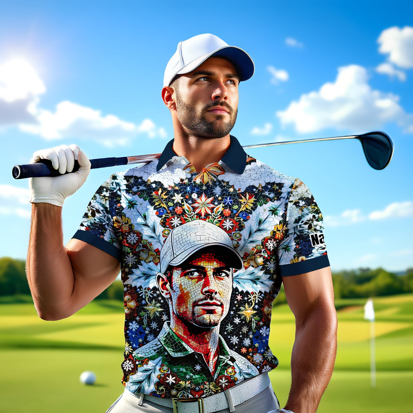 Personalized Christmas Golf Polo Shirt with Your Face – Custom Photo Holiday Shirt – Unique Mosaic Art Xmas Gift for Men, Custom Golf Apparel Style 7