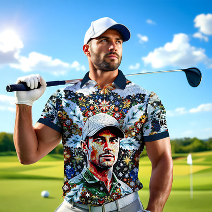 Personalized Christmas Golf Polo Shirt with Your Face – Custom Photo Holiday Shirt – Unique Mosaic Art Xmas Gift for Men, Custom Golf Apparel Style 7