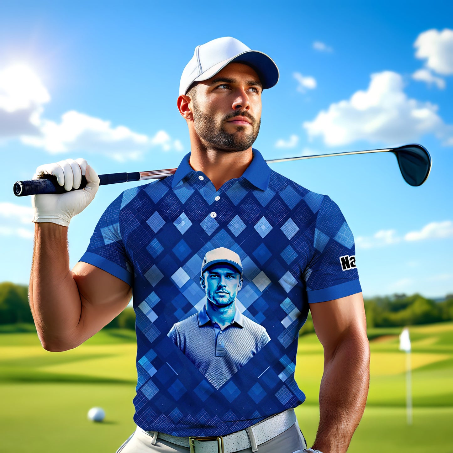 Custom Face Polo Shirt – Geometric Diamond Pattern | Personalized Photo Golf Polo | Unique Gift for Him, Retro Geometric Style Shirt Style 2