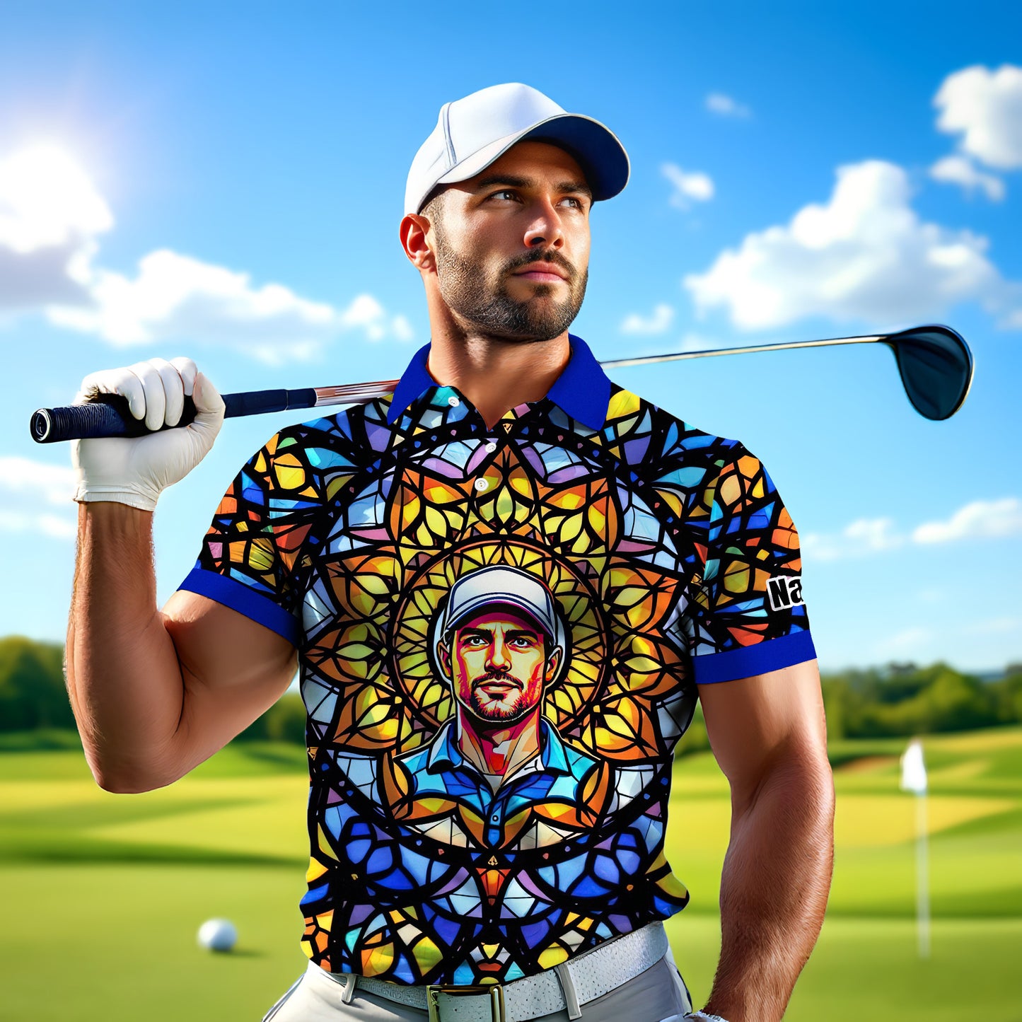 Custom Face Golf Polo Shirt – Personalized Stained Glass Mandala Style Polo, Unique Gift for Men & Women, Vibrant Artistic Golf Shirt, Custom Photo Polo