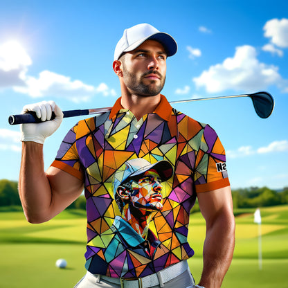 Angular Geometric Glass Pattern Custom Face Polo — Stained-Glass Mosaic Print, Personalized Sublimation Golf Shirt, Vibrant Geometric Portrait Tee