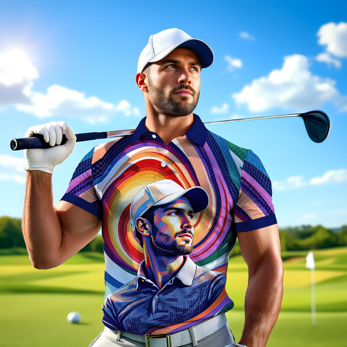 HomyGifts Men's Customized Face Artistic Golf Polo Shirt, Mosaic Art Style, Unique Personalized Golf Polo For Men Style 4