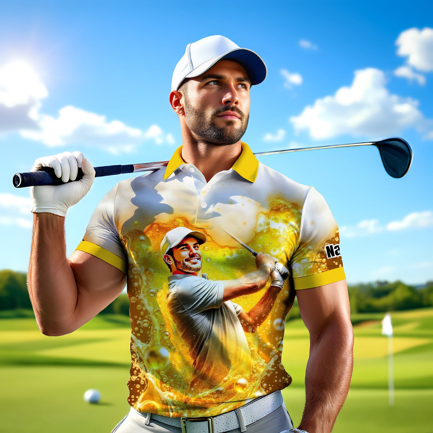HomyGifts Men's Customized Face Artistic Golf Polo Shirt, Beer pattern Design, Special Gift for Beer & Golf Lovers, Summer Party Outfit, Unique Gift for Men Style 15