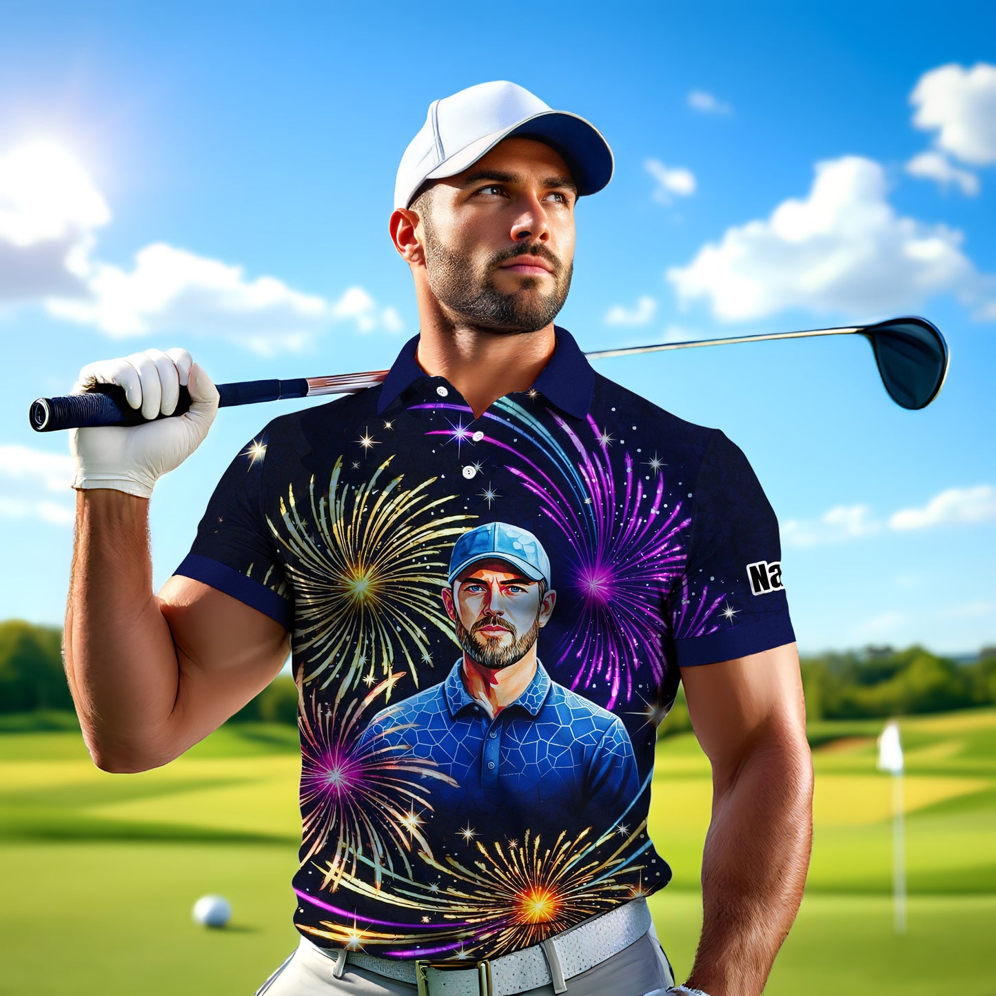 Custom Face Golf Polo Shirt – New Year Fireworks Edition | Personalized Golf Polo | Unique Holiday Gift for Him 2025 Style 2