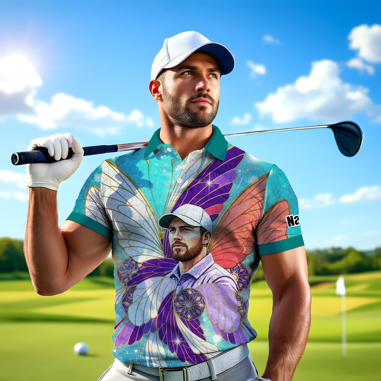 Custom Face Butterfly Golf Polo Shirt – Personalized Spring Mirage Art Style – Unique Gift for Him, Nature Inspired Men's Shirt Style 2