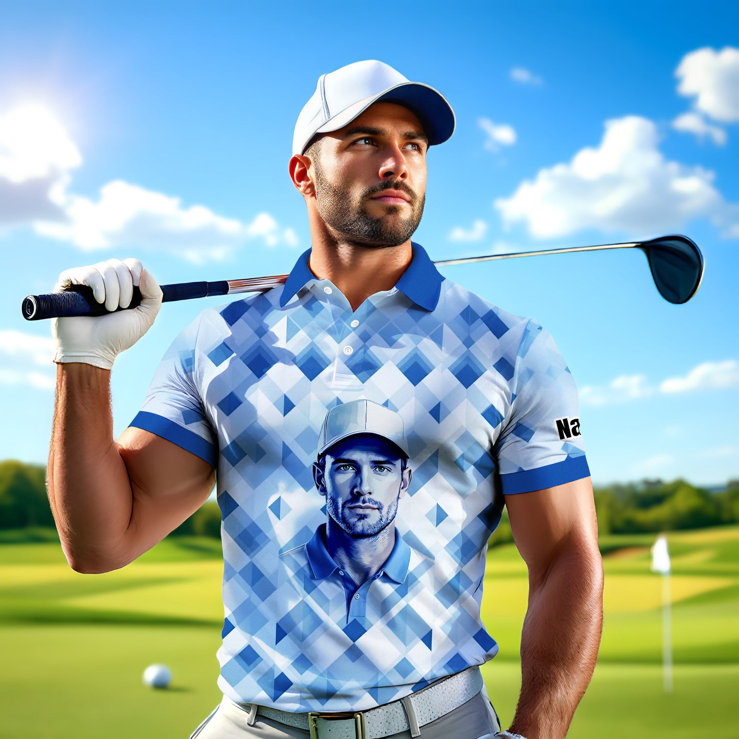 Custom Face Polo Shirt – Geometric Diamond Pattern | Personalized Photo Golf Polo | Unique Gift for Him, Retro Geometric Style Shirt Style 1