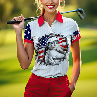 Custom Women’s Golf Polo Shirt – USA Flag Design with Personalized Face | Patriotic Sportswear for Female Golfers Style 6