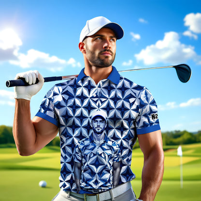 Custom Face Polo Shirt – Geometric Diamond Pattern | Personalized Photo Golf Polo | Unique Gift for Him, Retro Geometric Style Shirt Style 17
