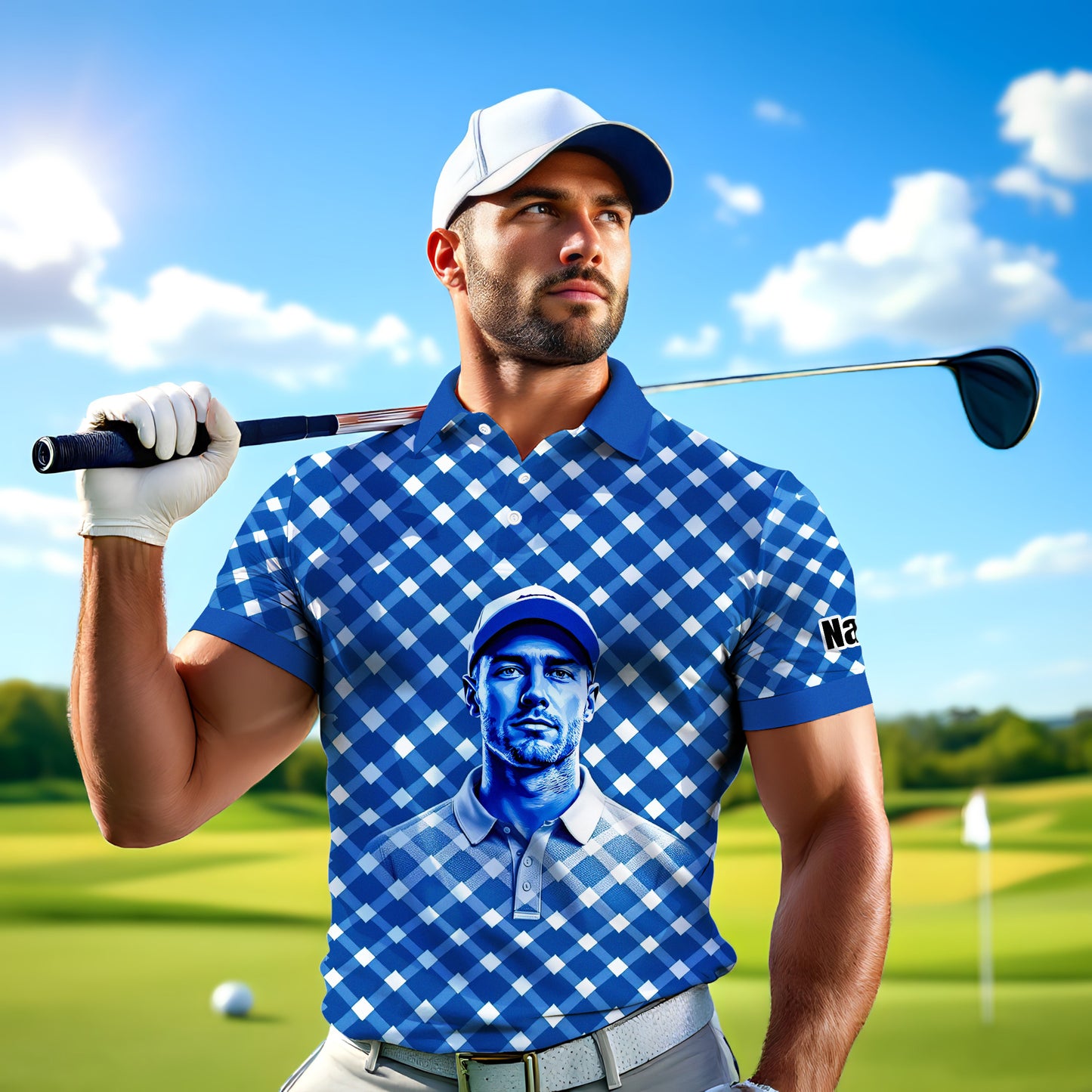Custom Face Polo Shirt – Geometric Diamond Pattern | Personalized Photo Golf Polo | Unique Gift for Him, Retro Geometric Style Shirt Style 14