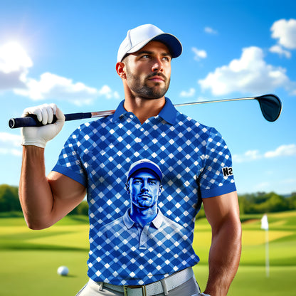 Custom Face Polo Shirt – Geometric Diamond Pattern | Personalized Photo Golf Polo | Unique Gift for Him, Retro Geometric Style Shirt Style 14