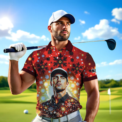 Custom Face Golf Polo Shirt – Personalized Christmas Golf Shirt for Him, Unique Holiday Gift for Golfer, Snowflake Design Golf Apparel Style 13