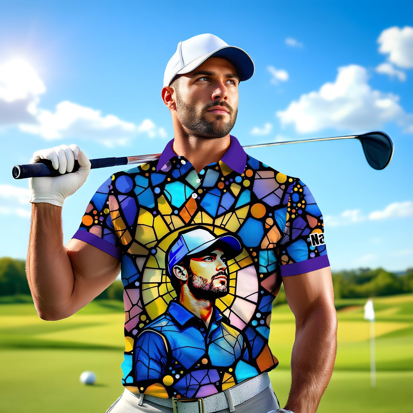 Custom Face Golf Polo Shirt – Personalized Stained Glass Art Shirt, Unique Golf Gift for Him, Colorful Abstract Golf Polo, Custom Sportswear