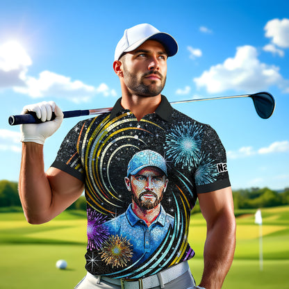 Custom Face Golf Polo Shirt – New Year Fireworks Edition | Personalized Golf Polo | Unique Holiday Gift for Him 2025 Style 7