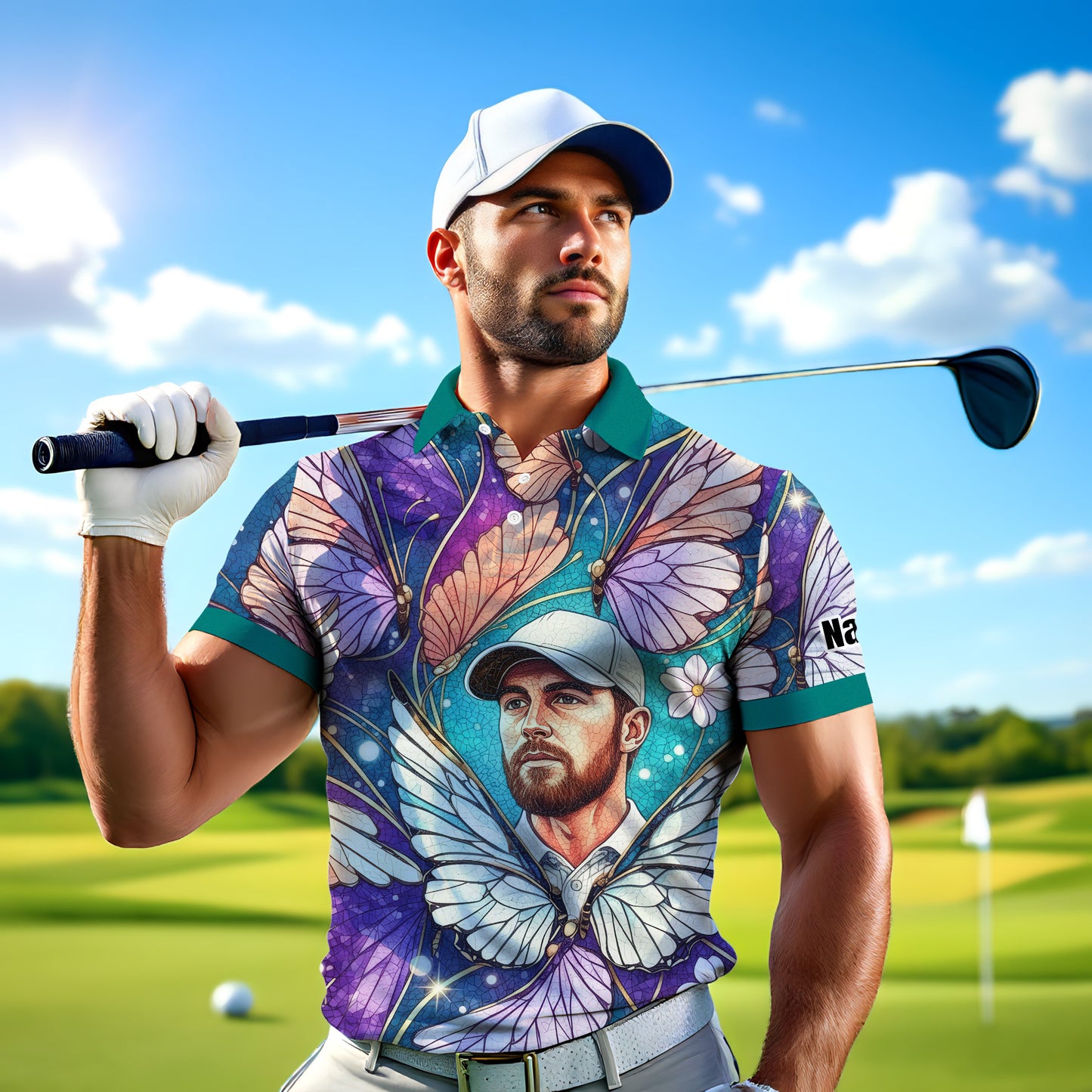 Custom Face Butterfly Golf Polo Shirt – Personalized Spring Mirage Art Style – Unique Gift for Him, Nature Inspired Men's Shirt Style 3