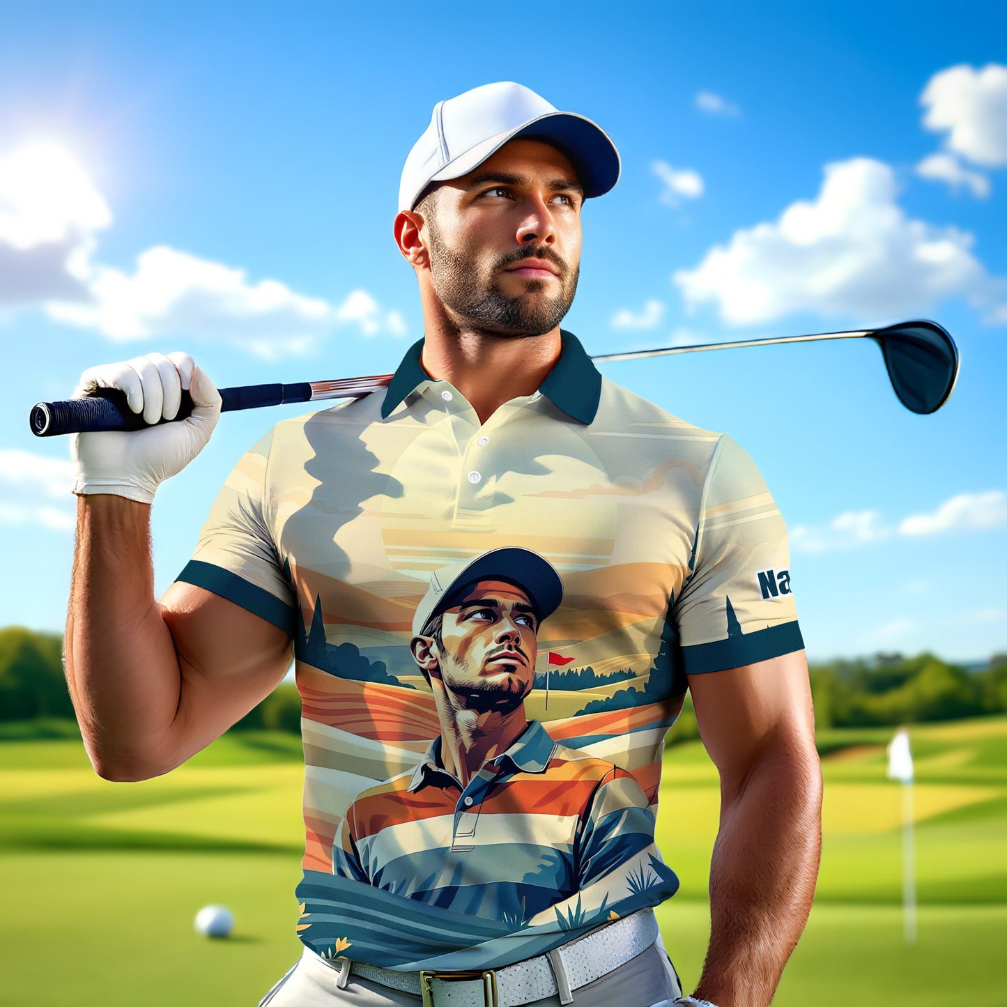 Custom Vintage Americana Golf Polo with Your Face - Retro Personalized Gift for Men Style 1