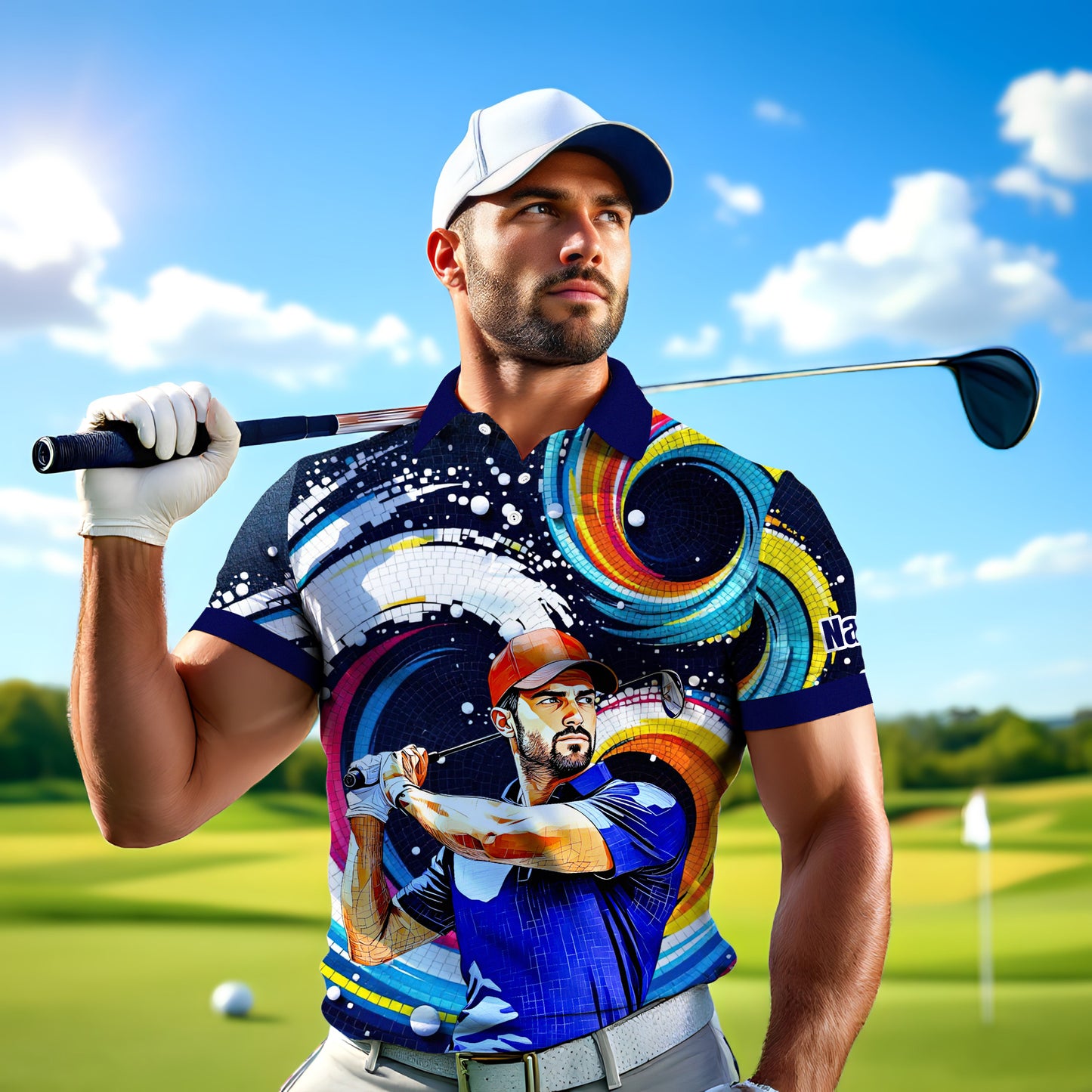 HomyGifts Men's Customized Face Artistic Golf Polo Shirt, Mosaic Art Style, Unique Personalized Golf Polo For Men Style 20