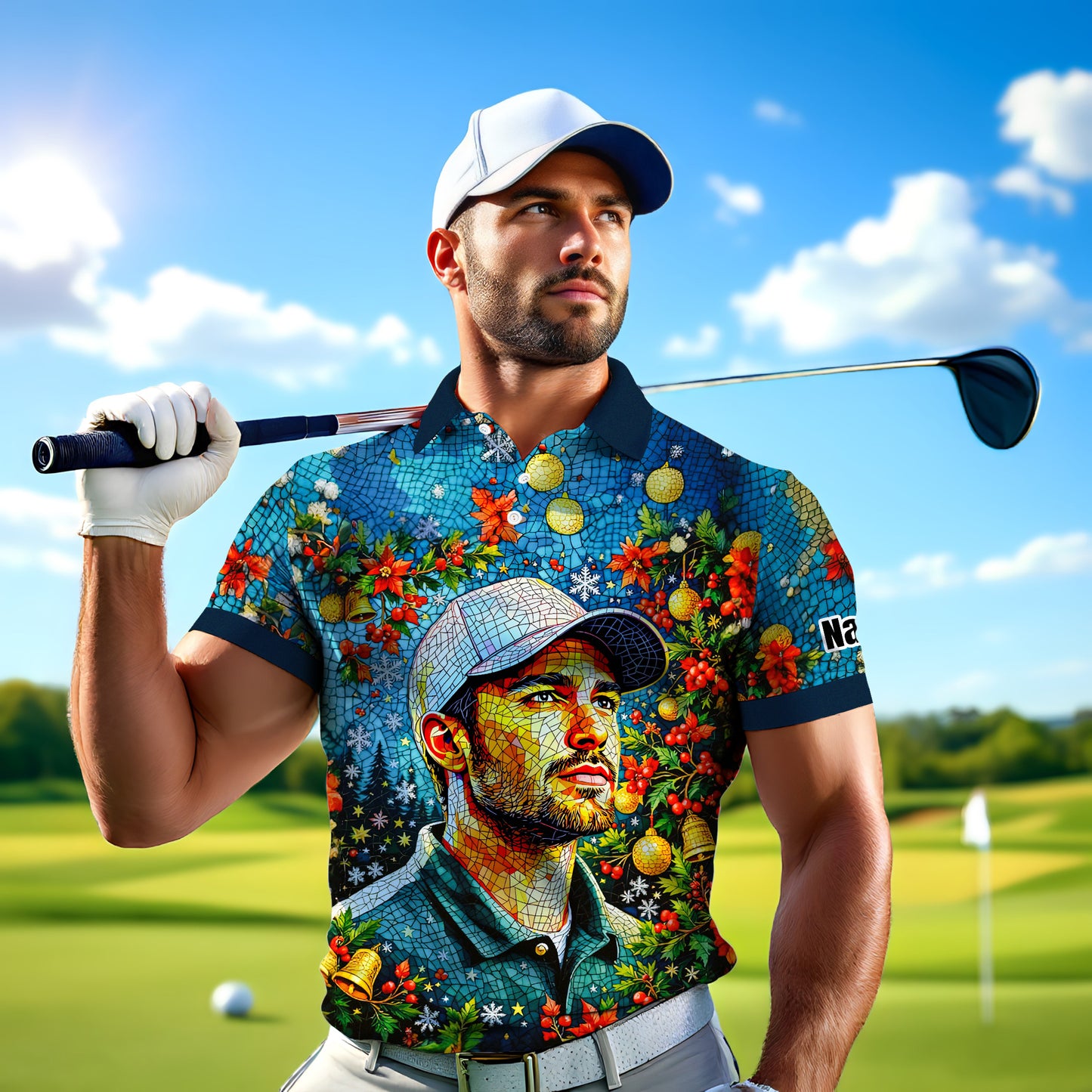 Personalized Christmas Golf Polo Shirt with Your Face – Custom Photo Holiday Shirt – Unique Mosaic Art Xmas Gift for Men, Custom Golf Apparel Style 3
