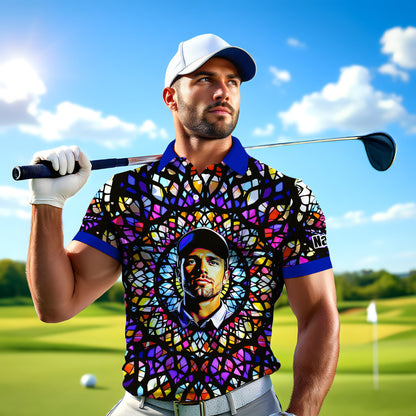 Custom Face Golf Polo Shirt – Personalized Stained Glass Mandala Style Polo, Unique Gift for Men & Women, Vibrant Artistic Golf Shirt, Custom Photo Polo