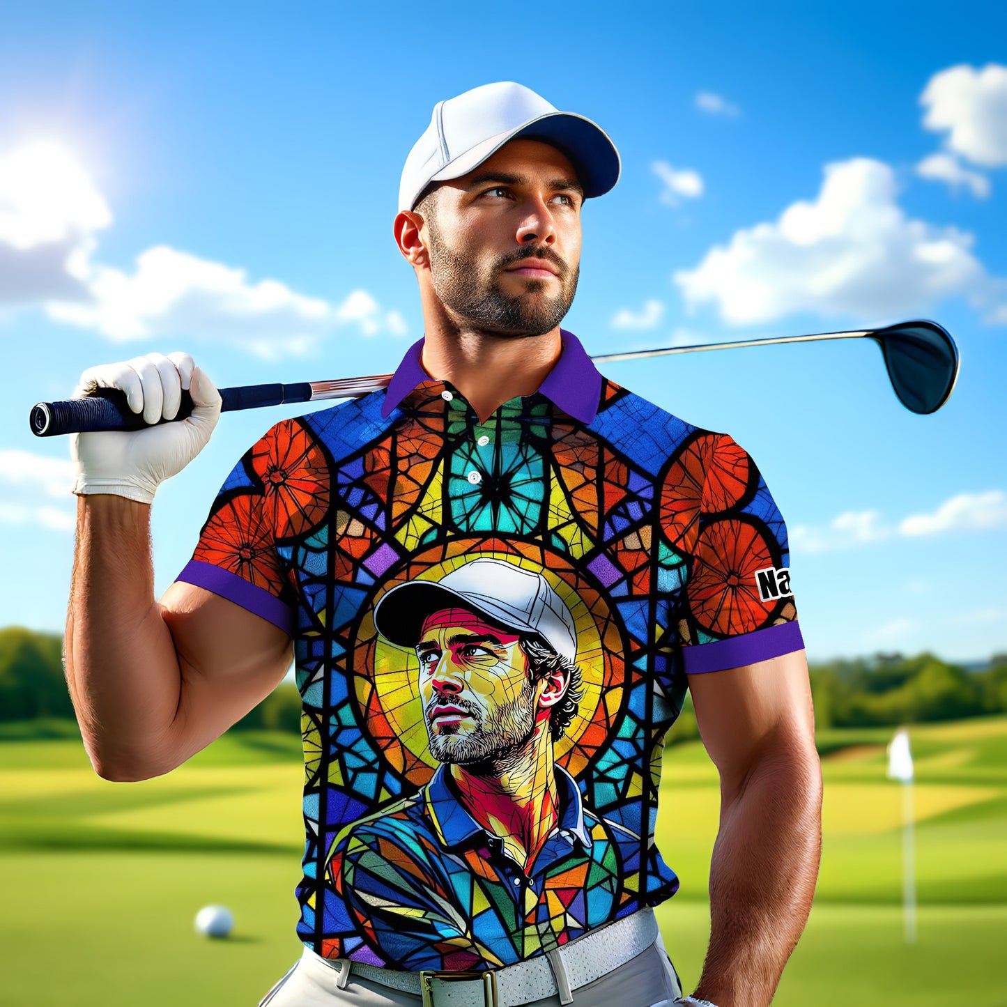 Custom Face Golf Polo Shirt – Personalized Stained Glass Art Shirt, Unique Golf Gift for Him, Colorful Abstract Golf Polo, Custom Sportswear