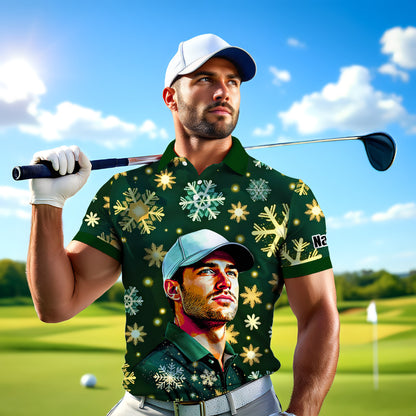 Custom Face Golf Polo Shirt – Personalized Christmas Golf Shirt for Him, Unique Holiday Gift for Golfer, Snowflake Design Golf Apparel Style 19