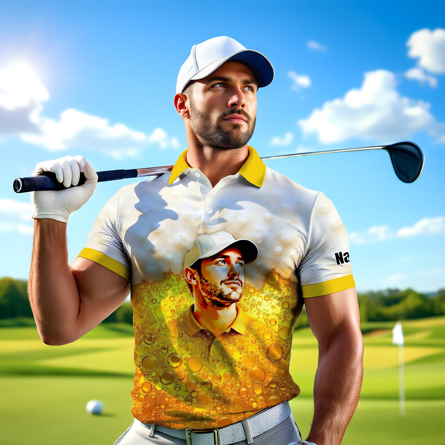 HomyGifts Men's Customized Face Artistic Golf Polo Shirt, Beer pattern Design, Special Gift for Beer & Golf Lovers, Summer Party Outfit, Unique Gift for Men Style 6