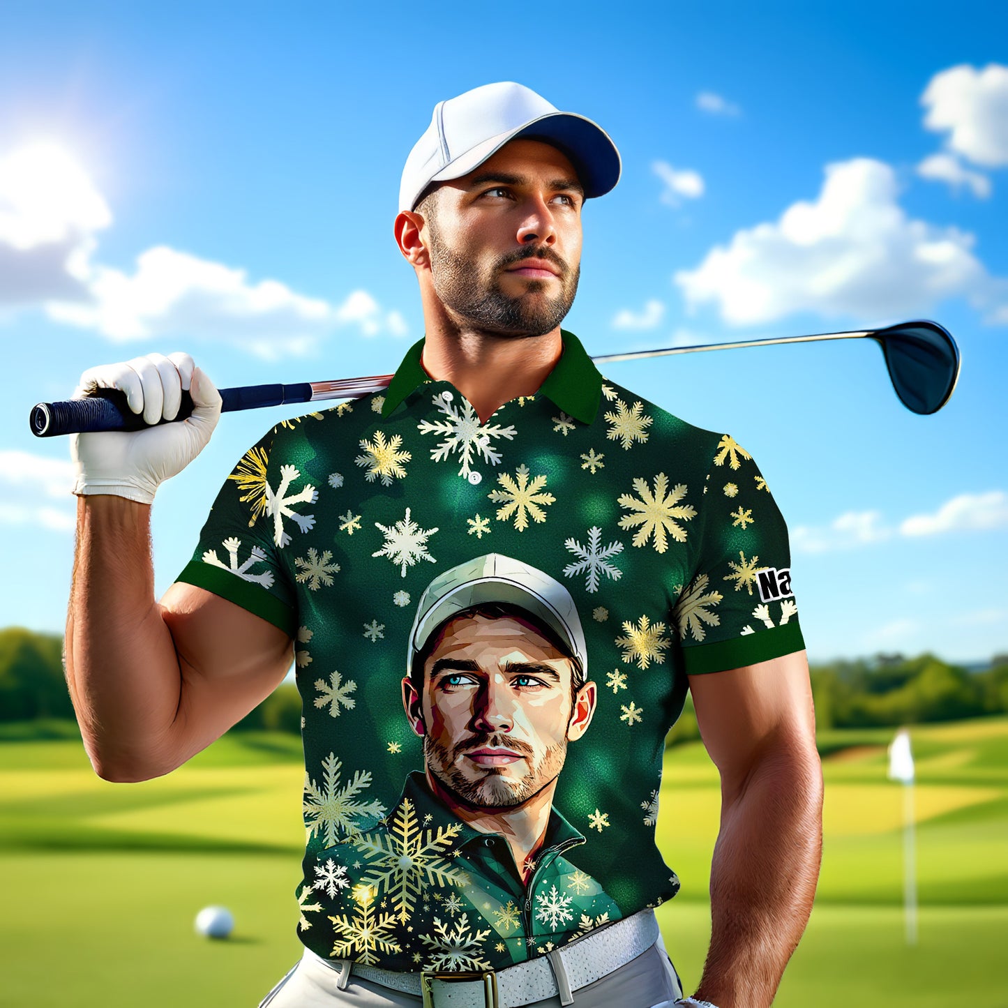 Custom Face Golf Polo Shirt – Personalized Christmas Golf Shirt for Him, Unique Holiday Gift for Golfer, Snowflake Design Golf Apparel Style 20