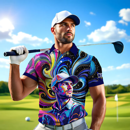 HomyGifts Men's Customized Face Artistic Golf Polo Shirt, Mosaic Art Style, Unique Personalized Golf Polo For Men
