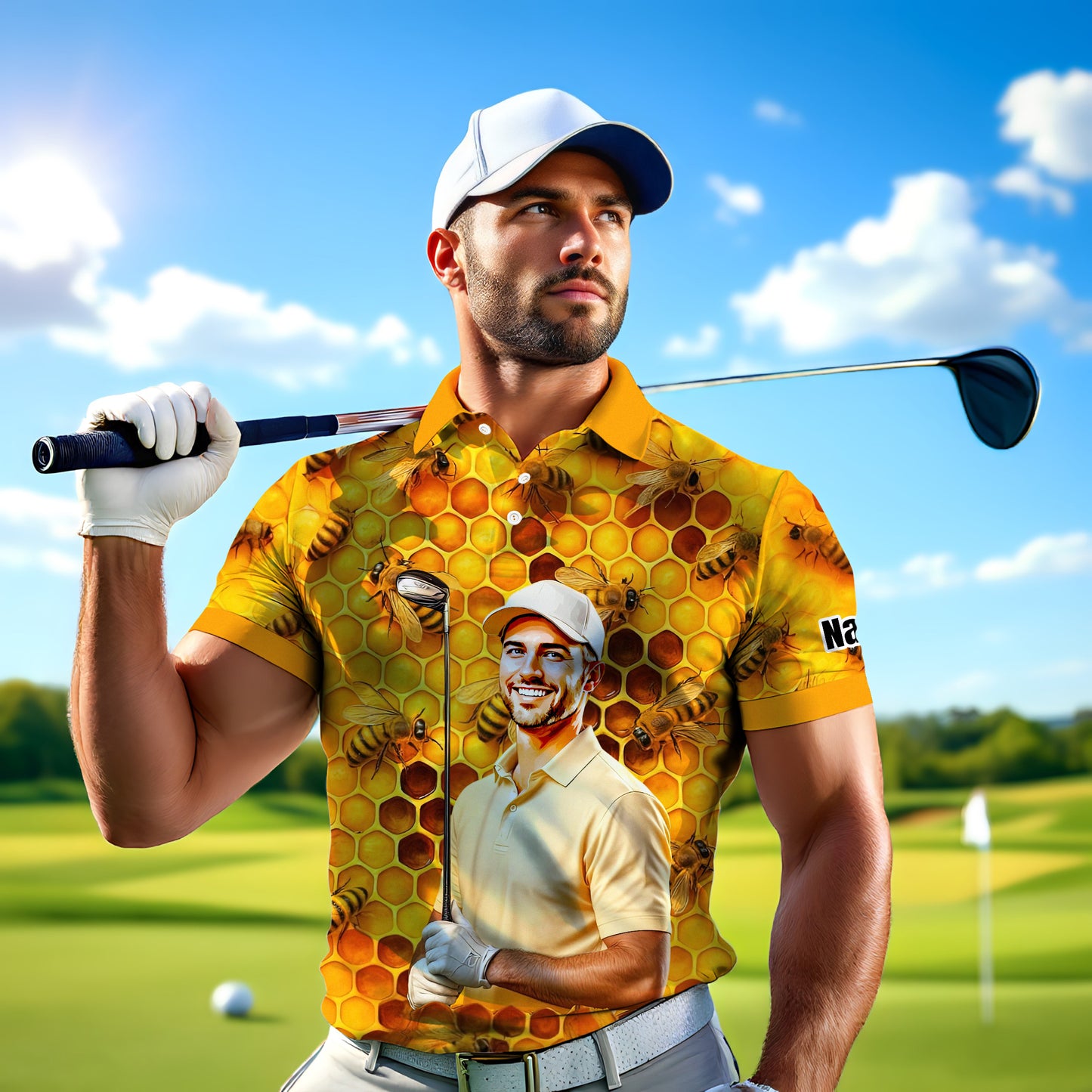 HomyGifts Men's Customized Face Artistic Golf Polo Shirt, Personalized Bee & Honeycomb Polo Shirt with Face, Funny Honey Lover Outfit, Summer Polo for Men Style 2