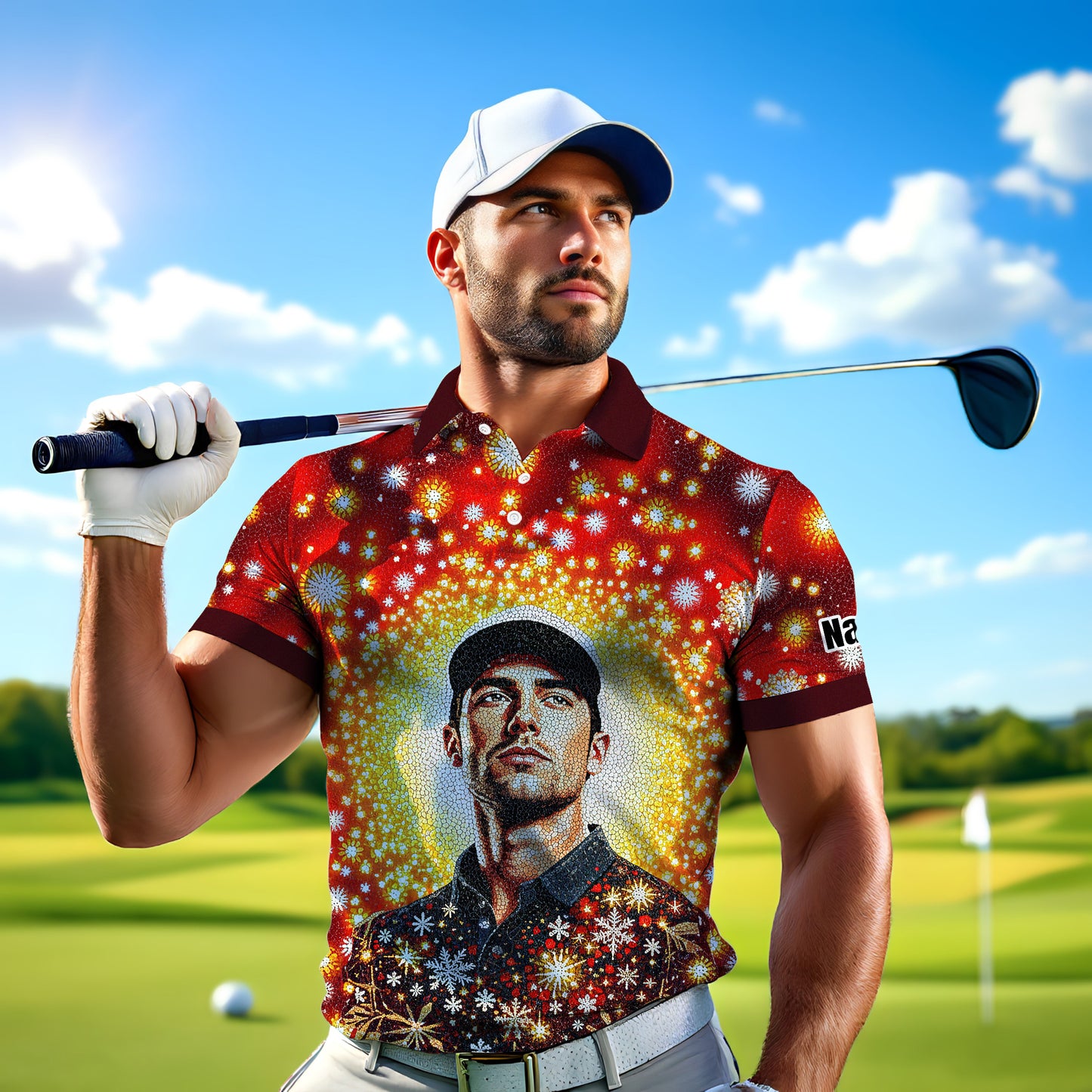Custom Face Golf Polo Shirt – Personalized Christmas Golf Shirt for Him, Unique Holiday Gift for Golfer, Snowflake Design Golf Apparel Style 15