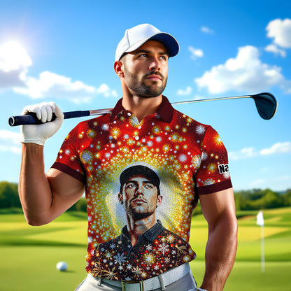 Custom Face Golf Polo Shirt – Personalized Christmas Golf Shirt for Him, Unique Holiday Gift for Golfer, Snowflake Design Golf Apparel Style 15