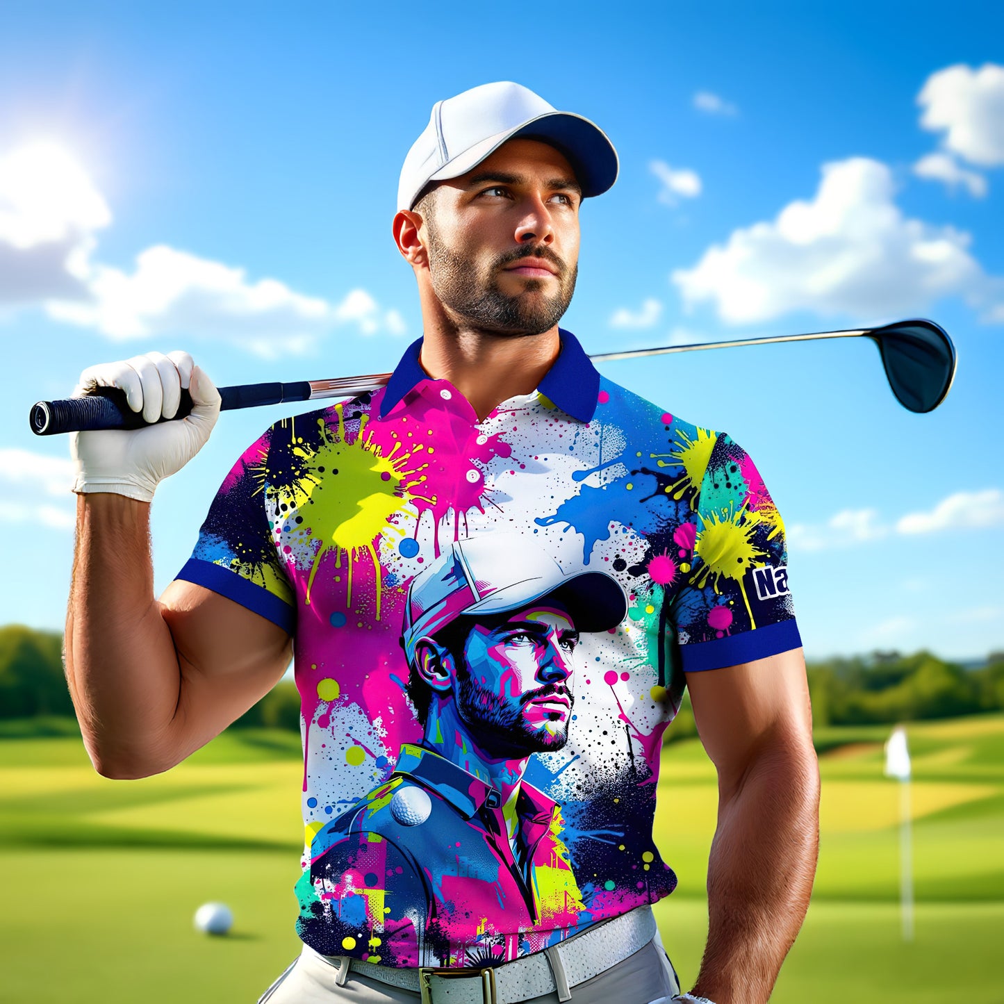 HomyGifts Men's Customized Face Artistic Golf Polo Shirt, Personalized Pop Art Golf Polo, Portrait Gift for Golfers Style 1