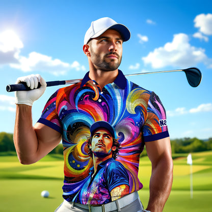 HomyGifts Men's Customized Face Artistic Golf Polo Shirt, Mosaic Art Style, Unique Personalized Golf Polo For Men