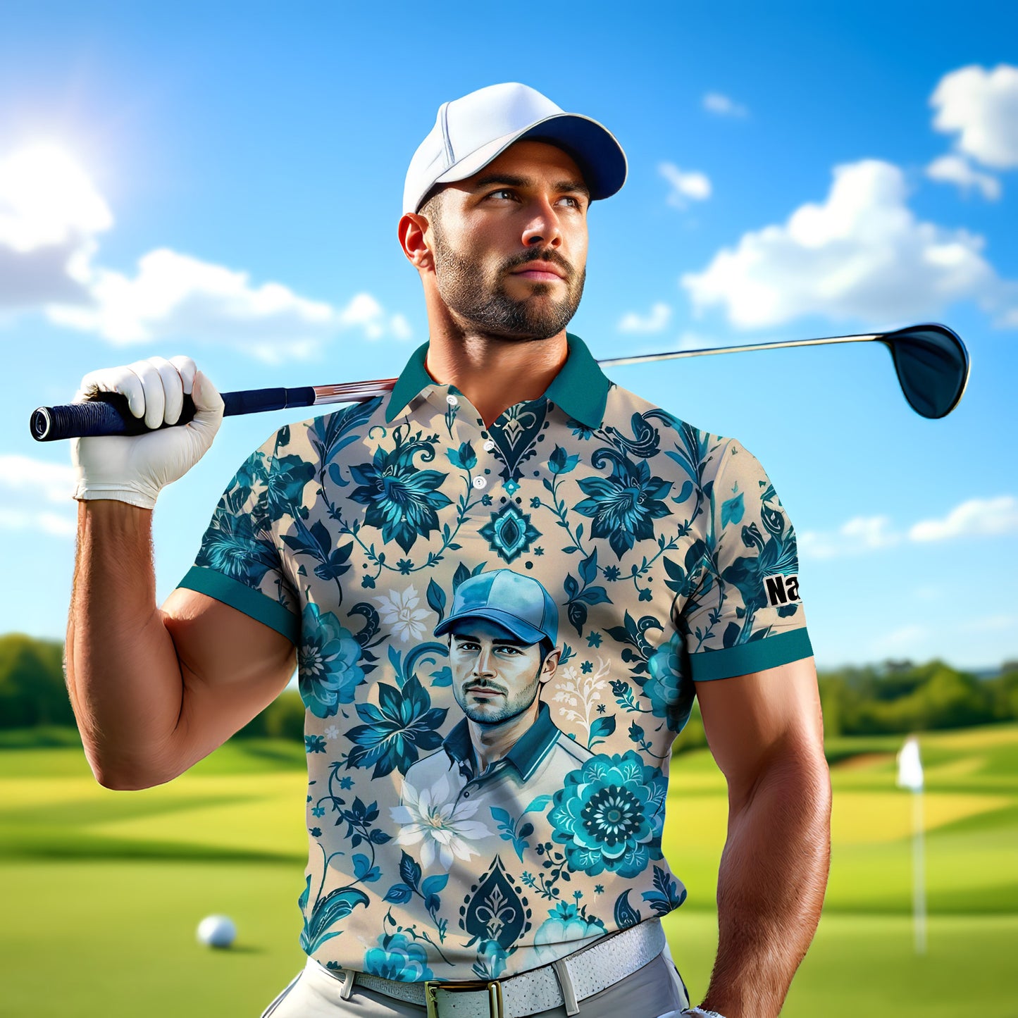 Custom Retro Pattern Art Polo Shirt – Personalized Face & Name | Vintage Floral Pattern Collared Shirt for Men Style 5