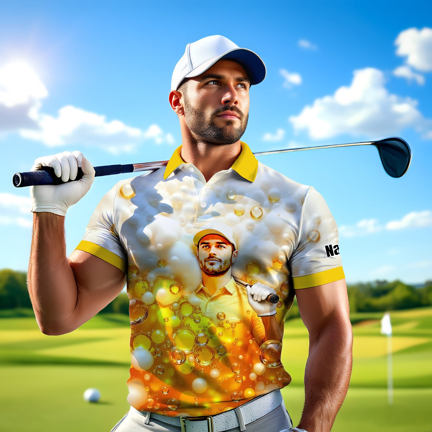 HomyGifts Men's Customized Face Artistic Golf Polo Shirt, Beer pattern Design, Special Gift for Beer & Golf Lovers, Summer Party Outfit, Unique Gift for Men Style 8