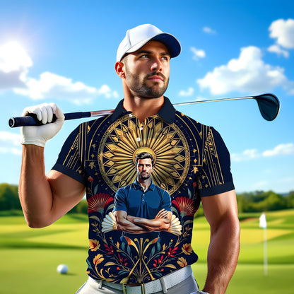 Custom Face Golf Polo Shirt – Swing in Gold Art Deco Revival Style | Personalized Golf Shirt for Men Style 2