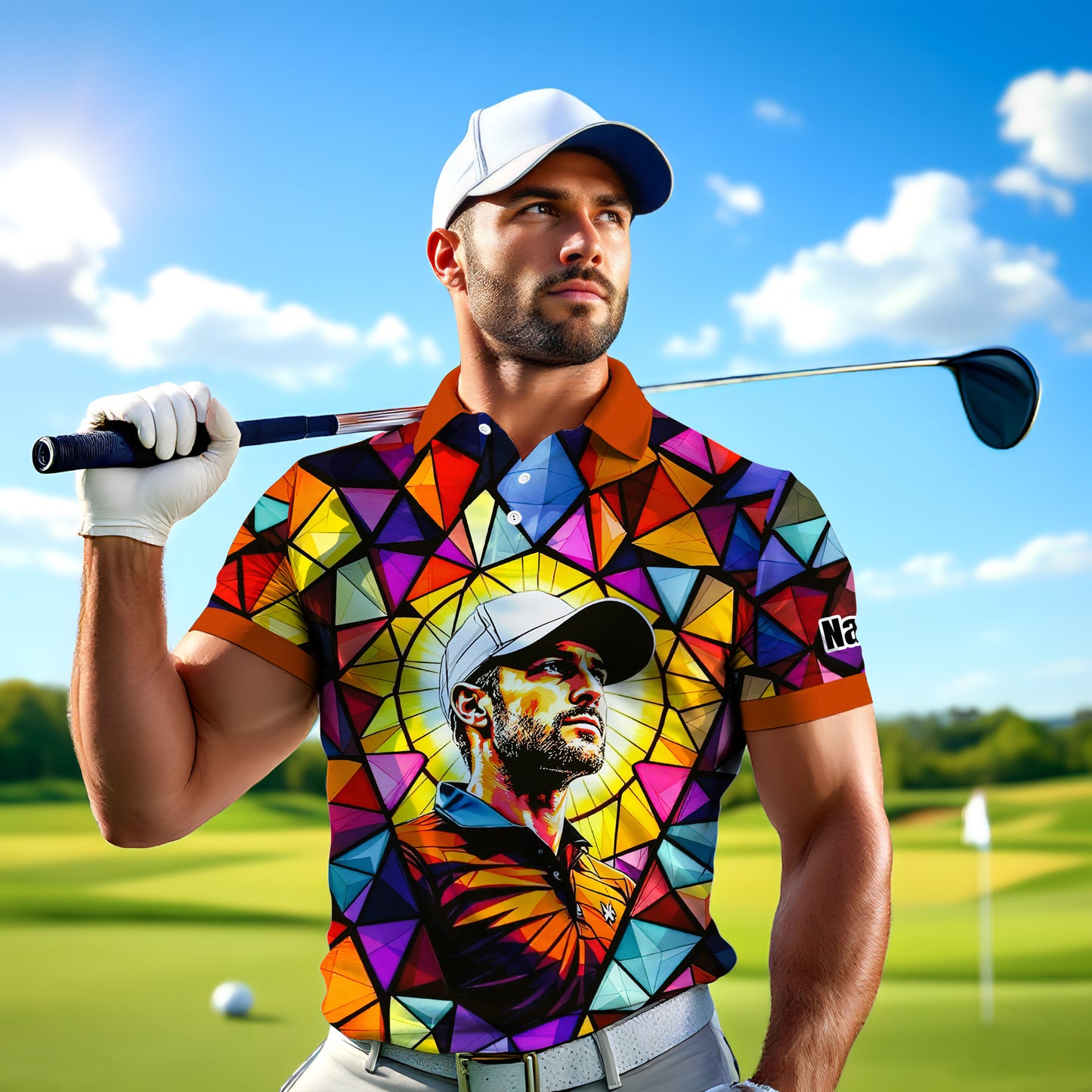 HomyGifts Men's Customized Face Artistic Golf Polo Shirt, Angular Geometric Glass Pattern, Stained-Glass Mosaic Print, Personalized Sublimation Golf Shirt, Vibrant Geometric Portrait Tee