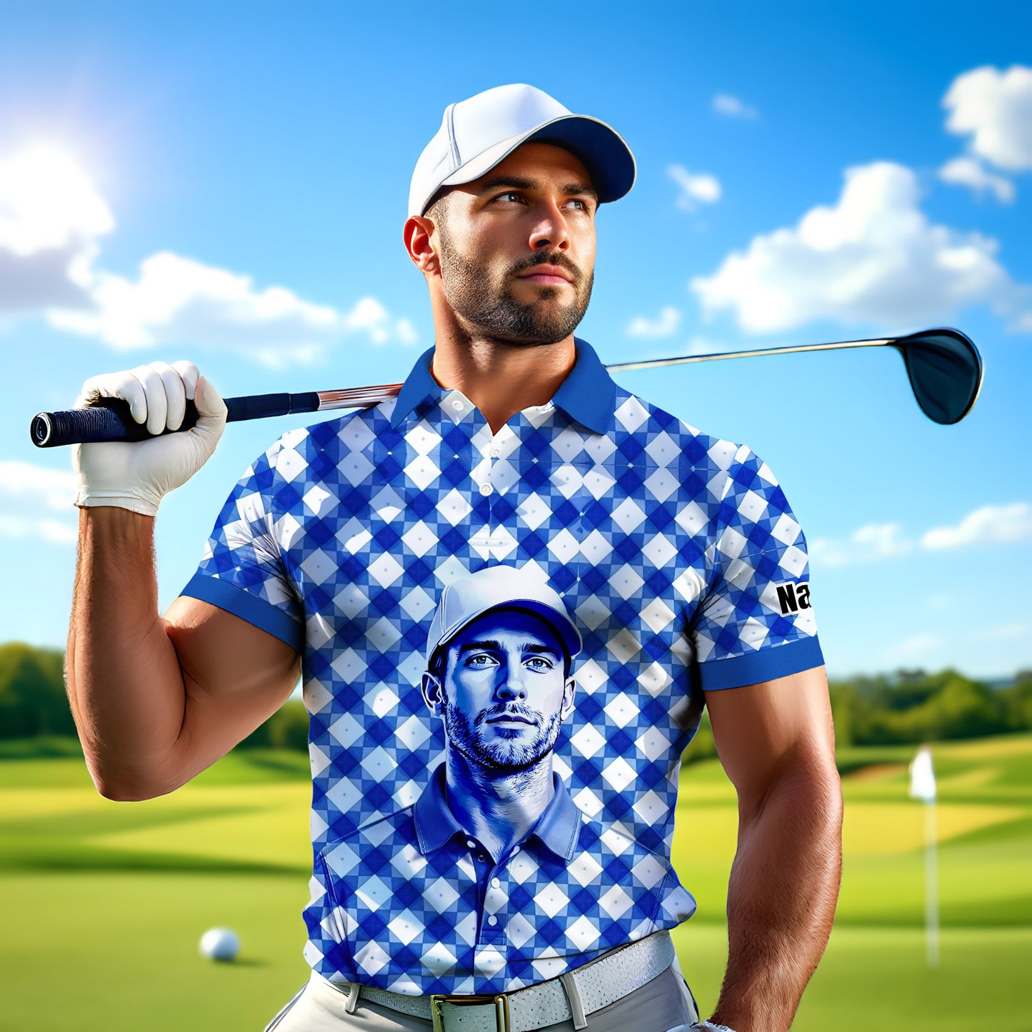 Custom Face Polo Shirt – Geometric Diamond Pattern | Personalized Photo Golf Polo | Unique Gift for Him, Retro Geometric Style Shirt Style 5