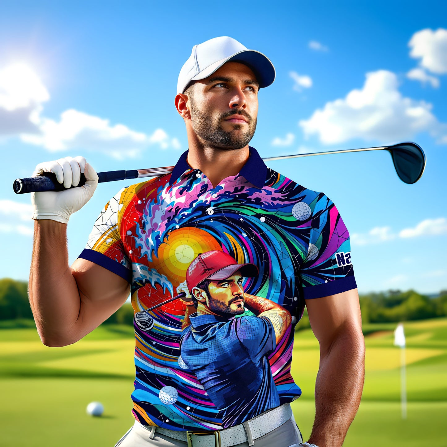 HomyGifts Men's Customized Face Artistic Golf Polo Shirt, Mosaic Art Style, Unique Personalized Golf Polo For Men Style 12
