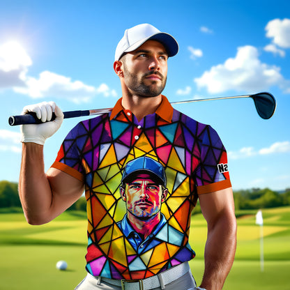 HomyGifts Men's Customized Face Artistic Golf Polo Shirt, Angular Geometric Glass Pattern, Stained-Glass Mosaic Print, Personalized Sublimation Golf Shirt, Vibrant Geometric Portrait Tee