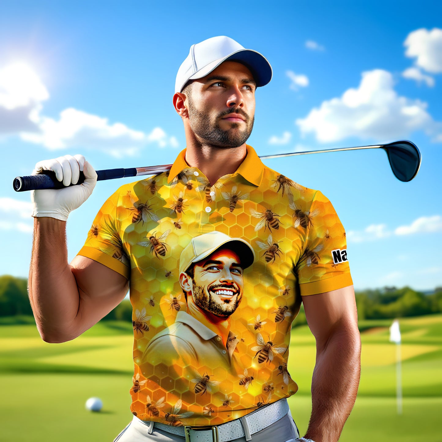 HomyGifts Men's Customized Face Artistic Golf Polo Shirt, Personalized Bee & Honeycomb Polo Shirt with Face, Funny Honey Lover Outfit, Summer Polo for Men Style 6