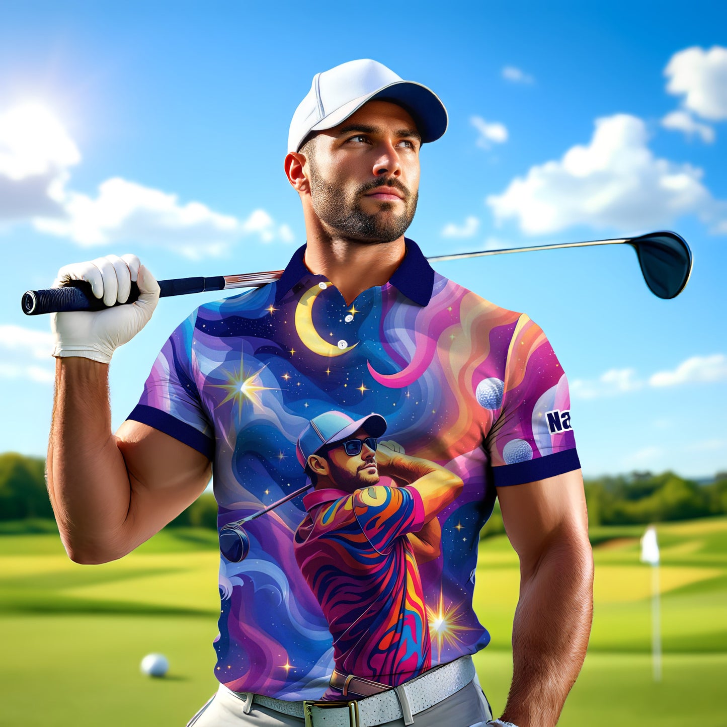 HomyGifts Men's Customized Face Artistic Golf Polo Shirt, Mosaic Art Style, Unique Personalized Golf Polo For Men Style 2