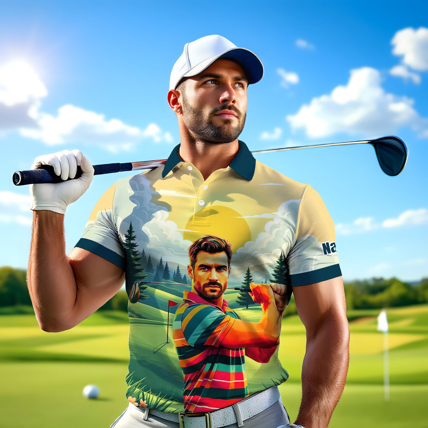 Custom Vintage Americana Golf Polo with Your Face - Retro Personalized Gift for Men Style 10