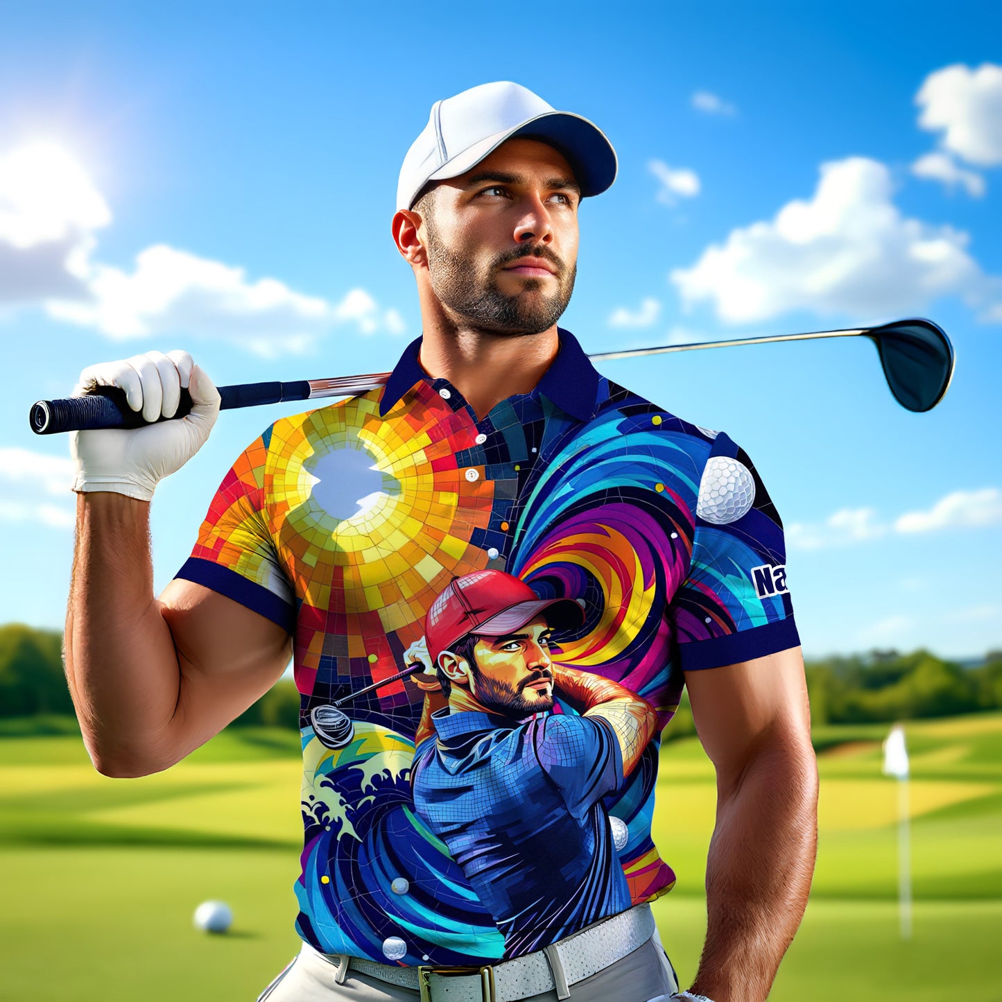 HomyGifts Men's Customized Face Artistic Golf Polo Shirt, Mosaic Art Style, Unique Personalized Golf Polo For Men Style 11