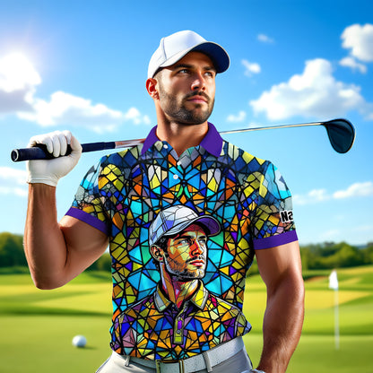 Custom Face Golf Polo Shirt – Personalized Stained Glass Art Shirt, Unique Golf Gift for Him, Colorful Abstract Golf Polo, Custom Sportswear